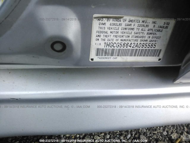 1HGCG56642A095565 - 2002 HONDA ACCORD EX SILVER photo 9