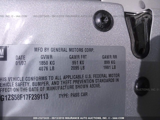 1G1ZS58F17F239113 - 2007 CHEVROLET MALIBU LS ვერცხლისფერი ფოტო 9