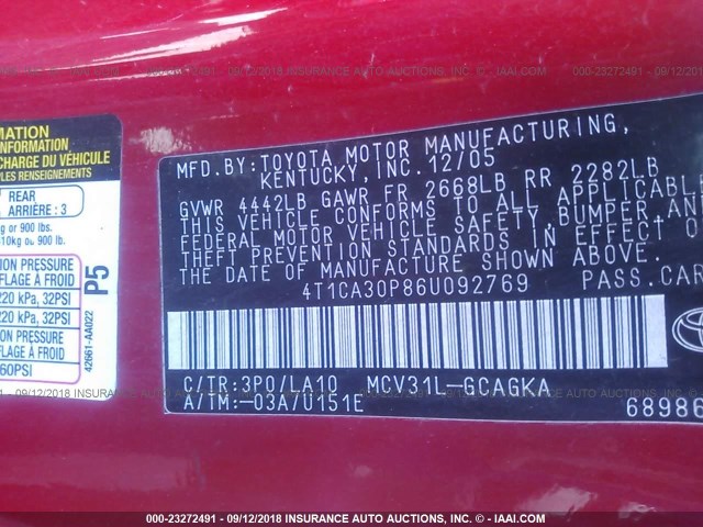 4T1CA30P86U092769 - 2006 TOYOTA CAMRY SOLARA SE/SLE Qırmızı foto 9