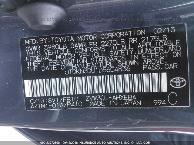 JTDKN3DU1D5604836 - 2013 TOYOTA PRIUS GRAY photo 9