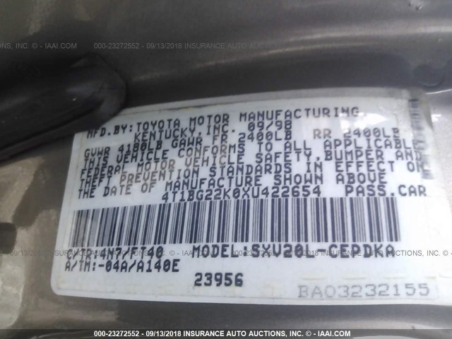 4T1BG22K0XU422654 - 1999 TOYOTA CAMRY CE/LE/XLE 米色 照片 9