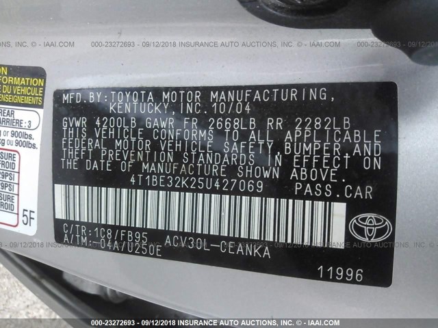 4T1BE32K25U427069 - 2005 TOYOTA CAMRY LE/XLE/SE Gümüş foto 9