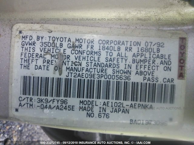 JT2AE09E3P0005636 - 1993 TOYOTA COROLLA LE/DX GOLD photo 9