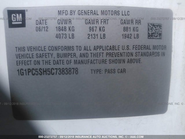 1G1PC5SH5C7383878 - 2012 CHEVROLET CRUZE LS WHITE photo 9