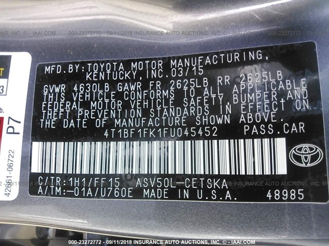 4T1BF1FK1FU045452 - 2015 TOYOTA CAMRY LE/XLE/SE/XSE 灰色 照片 9