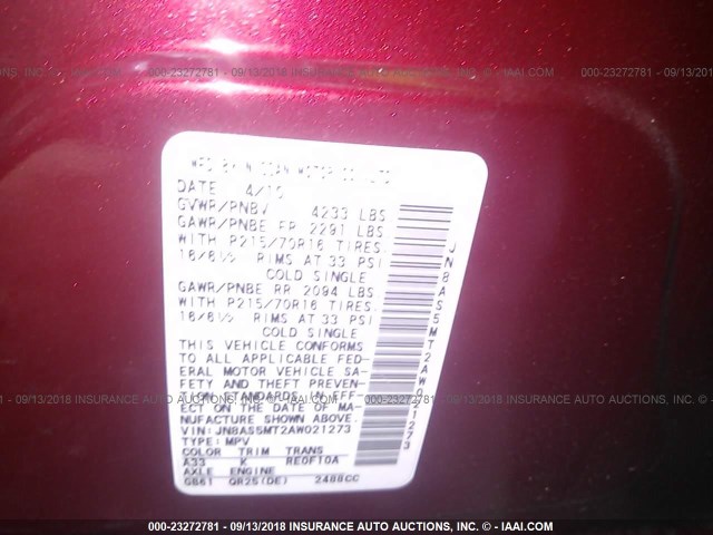 JN8AS5MT2AW021273 - 2010 NISSAN ROGUE S/SL/KROM RED photo 9