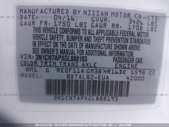 3N1CN7APXGL888193 - 2016 NISSAN VERSA S/S PLUS/SV/SL თეთრი ფოტო 9