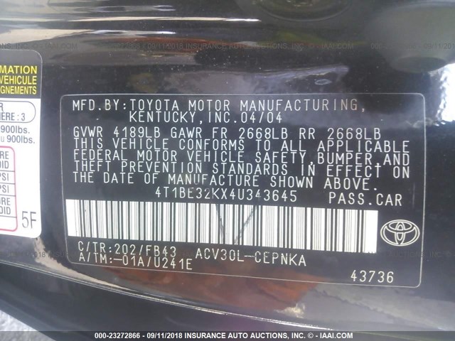 4T1BE32KX4U343645 - 2004 TOYOTA CAMRY LE/XLE/SE Қара фото 9