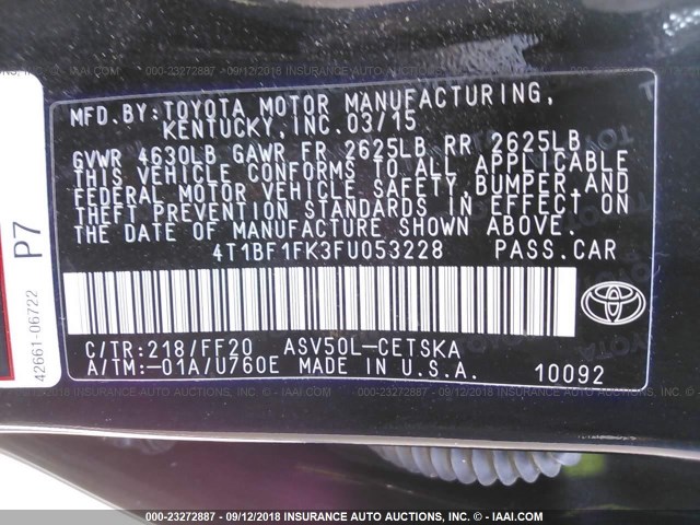 4T1BF1FK3FU053228 - 2015 TOYOTA CAMRY LE/XLE/SE/XSE 深蓝色 照片 9