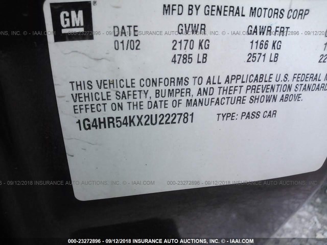 1G4HR54KX2U222781 - 2002 BUICK LESABRE LIMITED MAROON photo 9