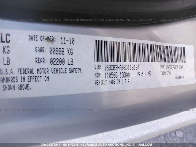 1B3CB3HA0BD118164 - 2011 DODGE CALIBER MAINSTREET SILVER photo 9