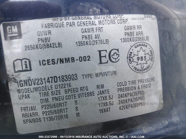 1GNDV23147D183903 - 2007 CHEVROLET UPLANDER LS Dark Blue photo 9