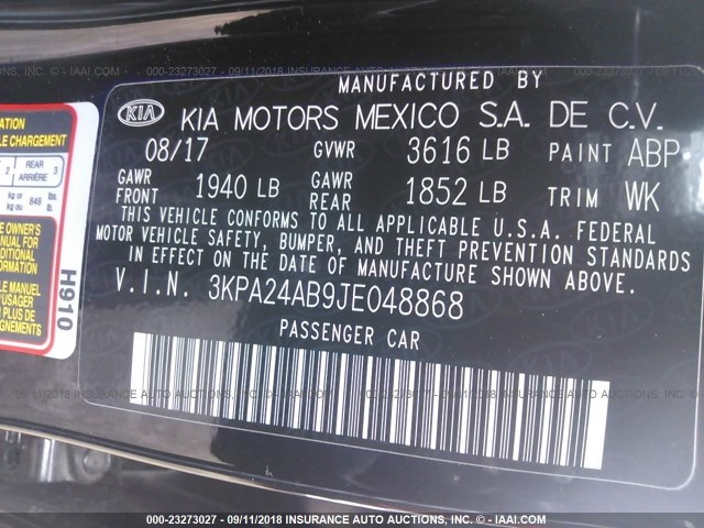 3KPA24AB9JE048868 - 2018 KIA RIO LX/S BLACK photo 9