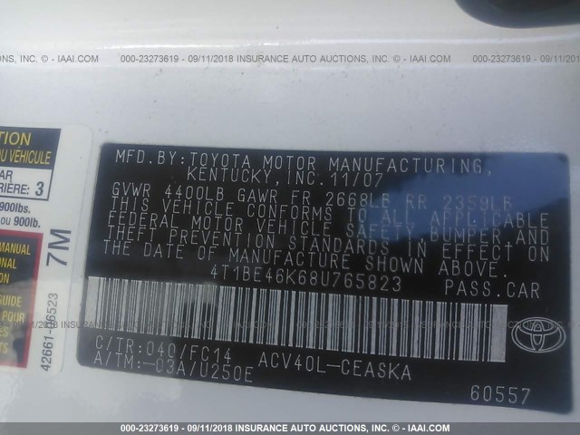 4T1BE46K68U765823 - 2008 TOYOTA CAMRY CE/LE/XLE/SE WHITE photo 9