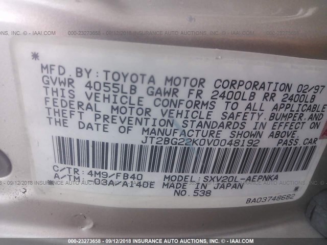 JT2BG22K0V0048192 - 1997 TOYOTA CAMRY LE/XLE BEIGE photo 9