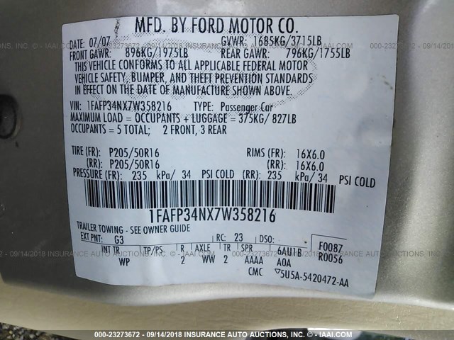 1FAFP34NX7W358216 - 2007 FORD FOCUS ZX4/S/SE/SES Қоңыр фото 9