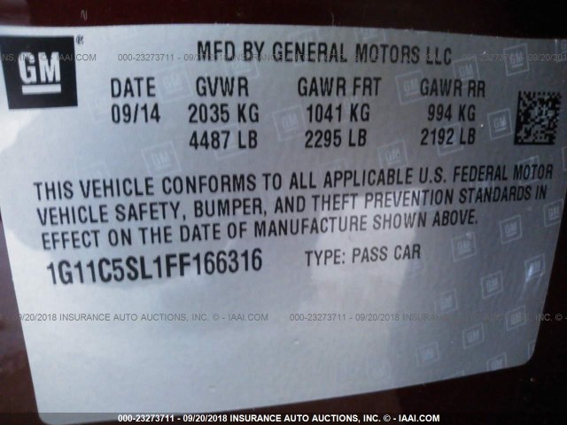 1G11C5SL1FF166316 - 2015 CHEVROLET MALIBU 1LT მუქწითელი ფოტო 9