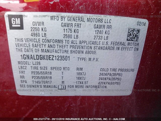 1GNALDEK0EZ123501 - 2014 CHEVROLET EQUINOX LTZ RED photo 9