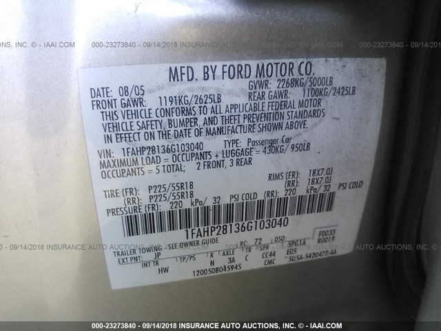 1FAHP28136G103040 - 2006 FORD FIVE HUNDRED LIMITED SILVER photo 9