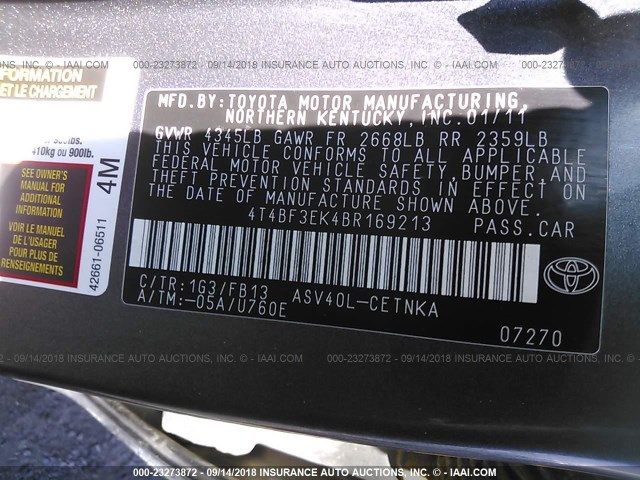 4T4BF3EK4BR169213 - 2011 TOYOTA CAMRY SE/LE/XLE ნაცრისფერი ფოტო 9