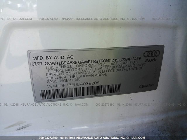 WAUDF78E08A038209 - 2008 AUDI A4 2.0T QUATTRO WHITE photo 9