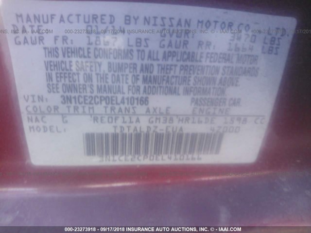 3N1CE2CP0EL410166 - 2014 NISSAN VERSA NOTE S/S PLUS/SV/SL RED photo 9