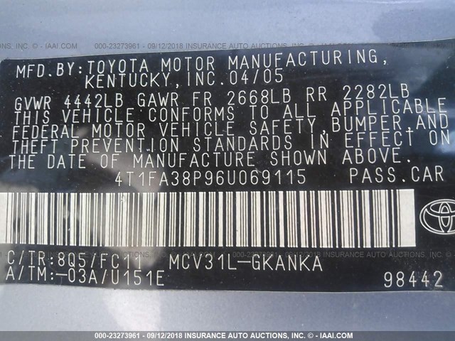 4T1FA38P96U069115 - 2006 TOYOTA CAMRY SOLARA SE/SLE Mavi foto 9