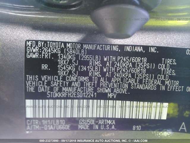 5TDKKRFH2ES012241 - 2014 TOYOTA HIGHLANDER XLE შამპანური ფოტო 9