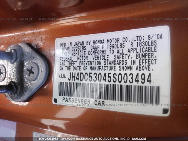 JH4DC53045S003494 - 2005 ACURA RSX TYPE-S ORANGE photo 9