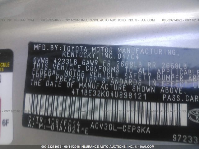 4T1BE32K04U898121 - 2004 TOYOTA CAMRY LE/XLE/SE 银色 照片 9
