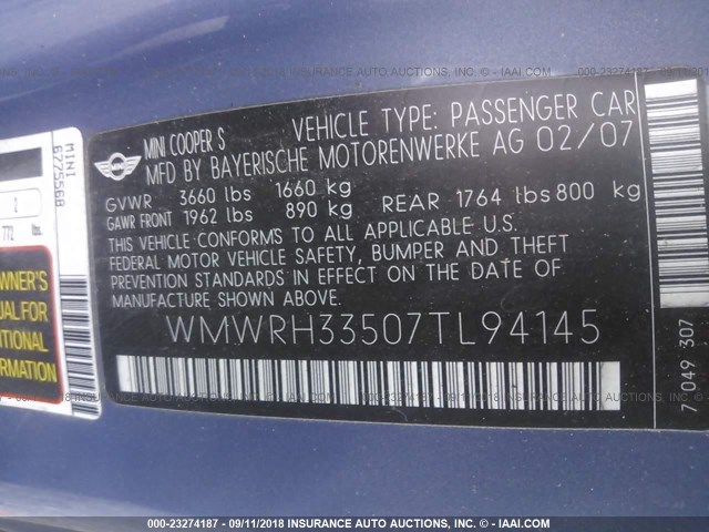 WMWRH33507TL94145 - 2007 MINI COOPER S BLUE photo 9