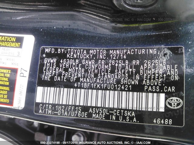 4T1BF1FK1FU012421 - 2015 TOYOTA CAMRY LE/XLE/SE/XSE 黑色 照片 9