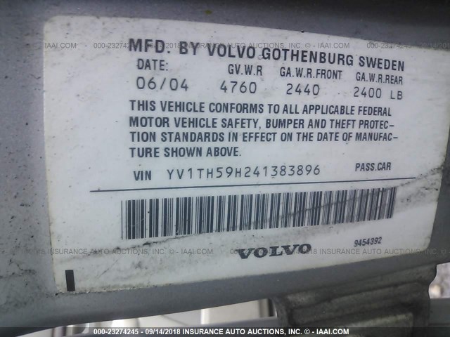 YV1TH59H241383896 - 2004 VOLVO S80 2.5T SILVER photo 9