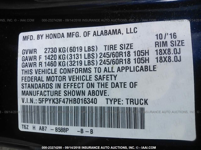 5FPYK3F47HB016340 - 2017 HONDA RIDGELINE RTS BLUE photo 9