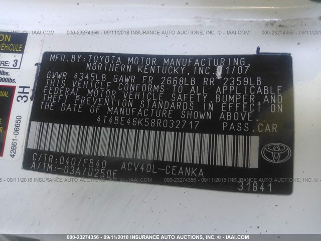 4T4BE46K58R032717 - 2008 TOYOTA CAMRY CE/LE/XLE/SE WHITE photo 9