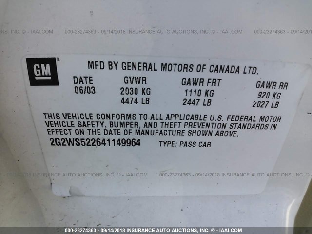 2G2WS522641149964 - 2004 PONTIAC GRAND PRIX GT2 თეთრი ფოტო 9