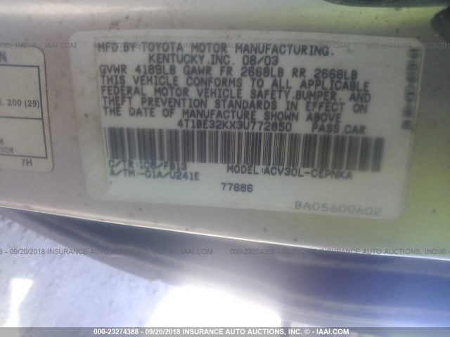 4T1BE32KX3U772850 - 2003 TOYOTA CAMRY LE/XLE/SE Күміс фото 9