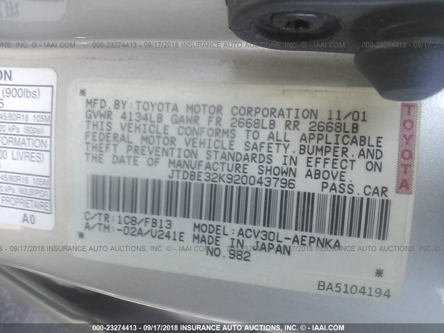 JTDBE32K920043796 - 2002 TOYOTA CAMRY LE/XLE/SE Күміс фото 9