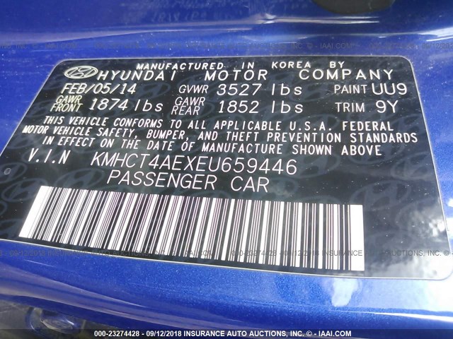 KMHCT4AEXEU659446 - 2014 HYUNDAI ACCENT GLS/GS BLUE photo 9