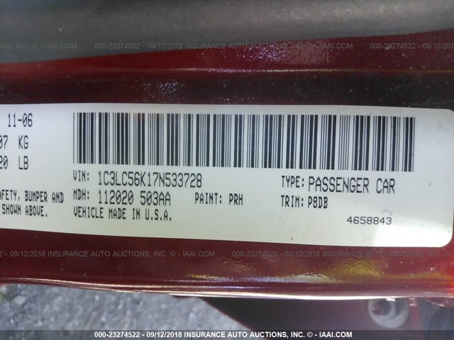 1C3LC56K17N533728 - 2007 CHRYSLER SEBRING TOURING MAROON photo 9