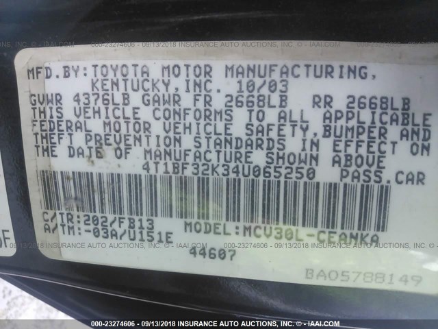 4T1BF32K34U065250 - 2004 TOYOTA CAMRY LE/XLE/SE Қара фото 9