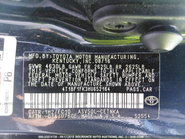 4T1BF1FK3HU652164 - 2017 TOYOTA CAMRY LE/XLE/SE/XSE 蓝色 照片 9