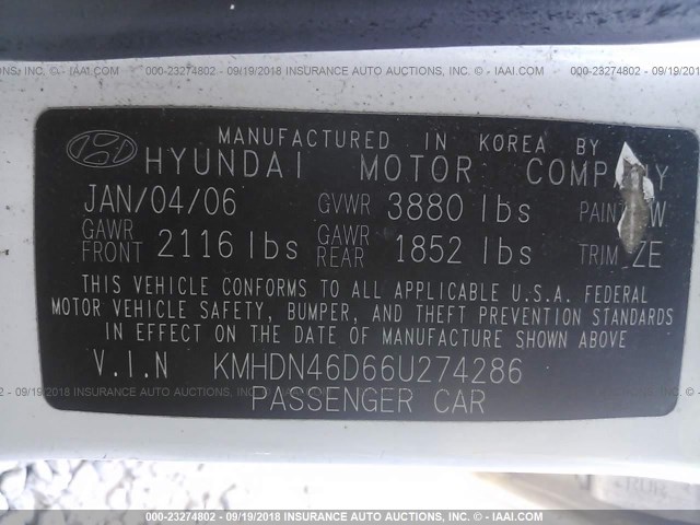 KMHDN46D66U274286 - 2006 HYUNDAI ELANTRA GLS/GT/LIMITED WHITE photo 9