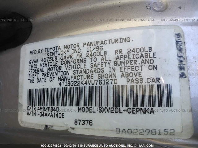 4T1BG22K4VU761270 - 1997 TOYOTA CAMRY CE/LE/XLE 棕色 照片 9