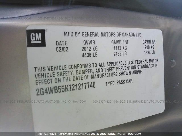 2G4WB55K721217740 - 2002 BUICK REGAL LS TAN photo 9