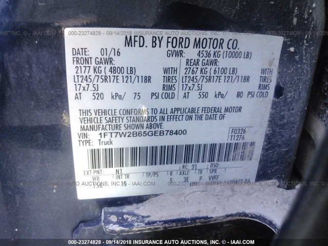 1FT7W2B65GEB78400 - 2016 FORD F250 SUPER DUTY BLUE photo 9