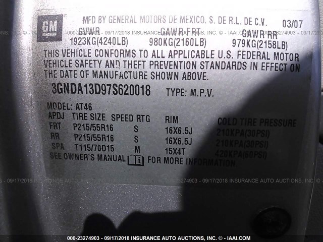 3GNDA13D97S620018 - 2007 CHEVROLET HHR LS Negro foto 9