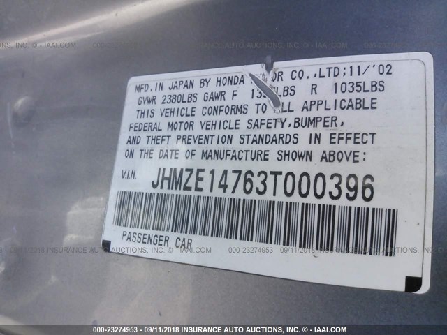 JHMZE14763T000396 - 2003 HONDA INSIGHT SILVER photo 9