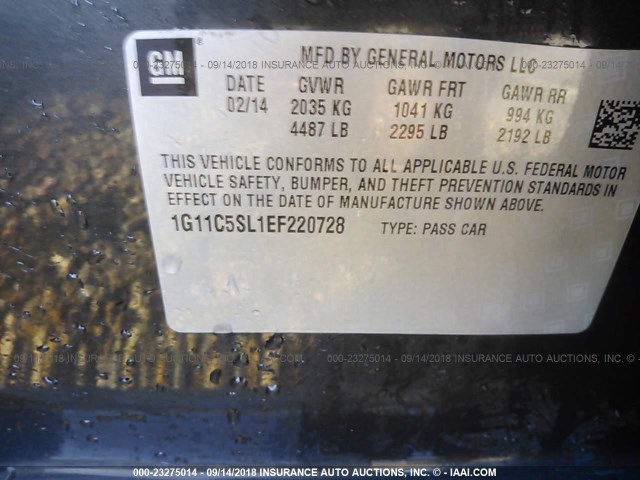 1G11C5SL1EF220728 - 2014 CHEVROLET MALIBU 1LT შავი ფოტო 9