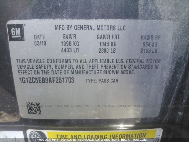 1G1ZC5EB8AF251703 - 2010 CHEVROLET MALIBU 1LT BLACK photo 9